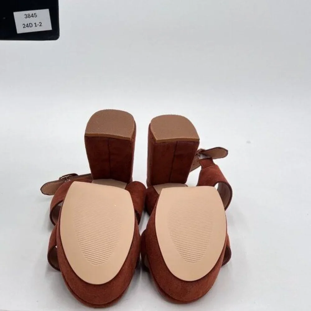 FOWT Brown Open Toe Platfrom Chunky Heel Slingbacks Buckle Wide Band Sandals - Picture 7 of 8